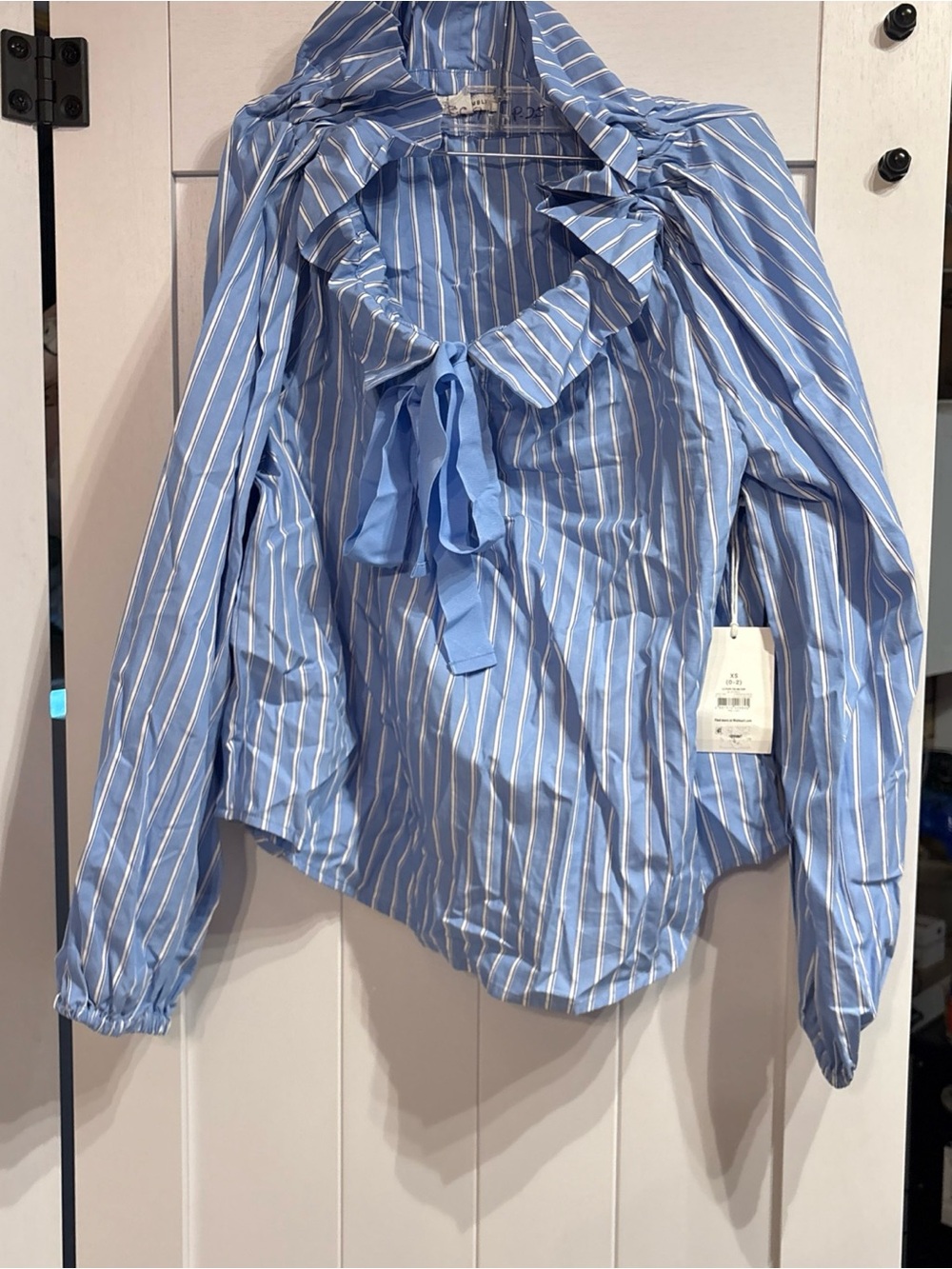 Ruffled Tie-Neck Striped Blouse in Light Blue